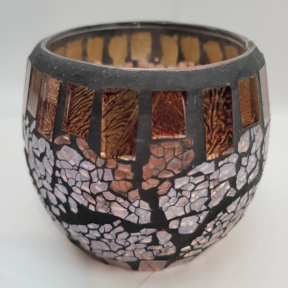 Mosaic Glass Votive Candle Holder Amber Copper Iridescent Boho‎ Mosaic Decor